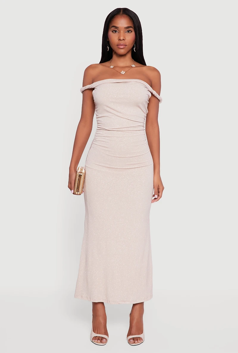 Womens Glitter Off the Shoulder Twist Strap Ruched Side Dress, Beige, Size S