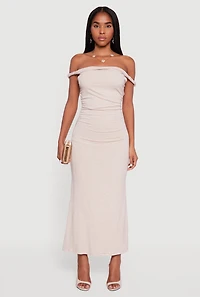 Womens Glitter Off the Shoulder Twist Strap Ruched Side Dress, Beige, Size S