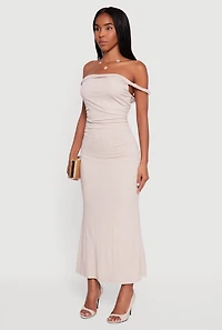 Womens Glitter Off the Shoulder Twist Strap Ruched Side Dress, Beige, Size S