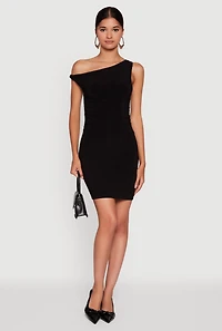 Womens Asymmetrical Shoulder Ruched Side Mini Dress, M