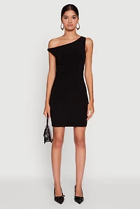 Womens Asymmetrical Shoulder Ruched Side Mini Dress, M