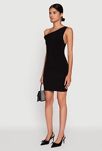 Womens Asymmetrical Shoulder Ruched Side Mini Dress, M