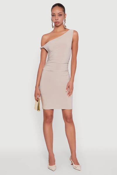 Womens Asymmetrical Shoulder Ruched Side Mini Dress, L
