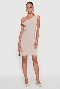 Womens Asymmetrical Shoulder Ruched Side Mini Dress, Beige, Size M