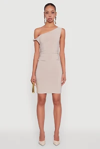 Womens Asymmetrical Shoulder Ruched Side Mini Dress, Beige, Size M