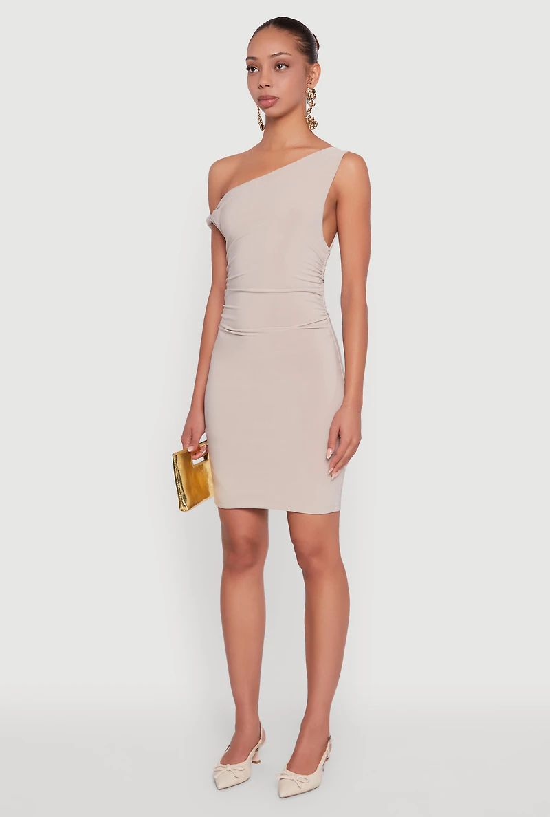 Womens Asymmetrical Shoulder Ruched Side Mini Dress, Beige, Size M