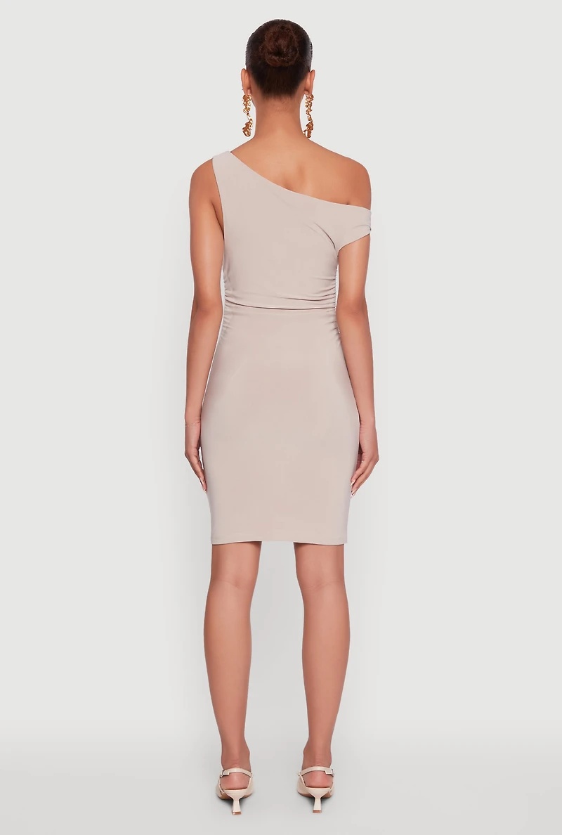 Womens Asymmetrical Shoulder Ruched Side Mini Dress, Beige, Size M
