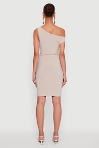 Womens Asymmetrical Shoulder Ruched Side Mini Dress, Beige, Size M