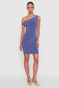 Womens Asymmetrical Shoulder Ruched Side Mini Dress, Purple, Size S