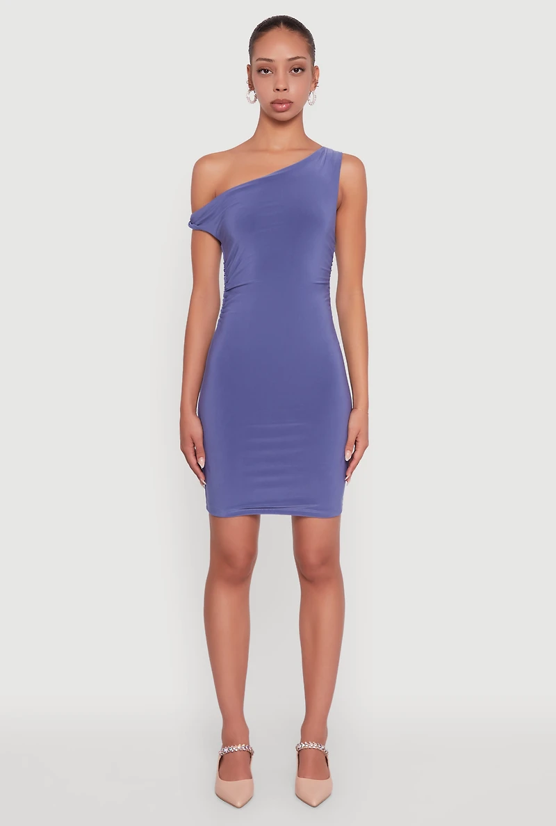 Womens Asymmetrical Shoulder Ruched Side Mini Dress, Purple, Size S