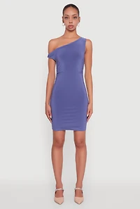 Womens Asymmetrical Shoulder Ruched Side Mini Dress, Purple, Size S
