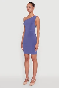 Womens Asymmetrical Shoulder Ruched Side Mini Dress, Purple, Size S