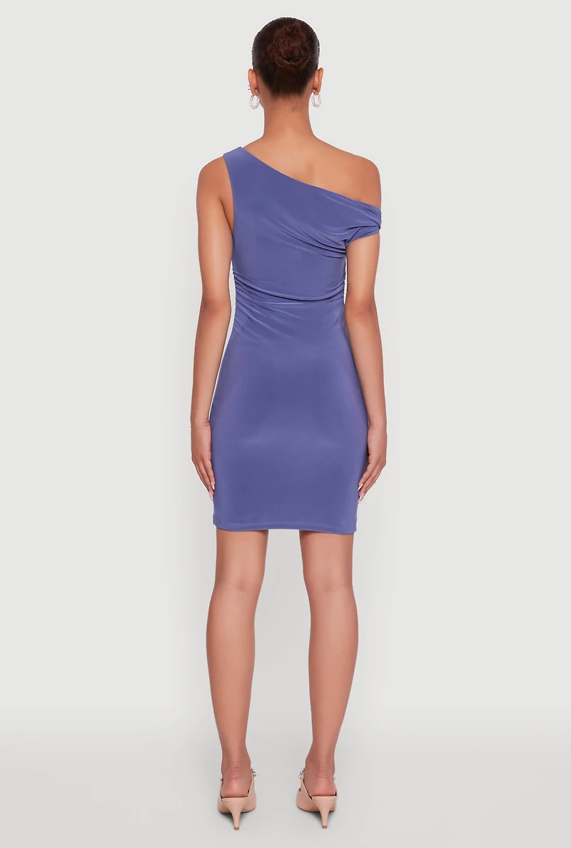 Womens Asymmetrical Shoulder Ruched Side Mini Dress, Purple, Size S