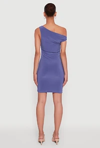 Womens Asymmetrical Shoulder Ruched Side Mini Dress, Purple, Size S