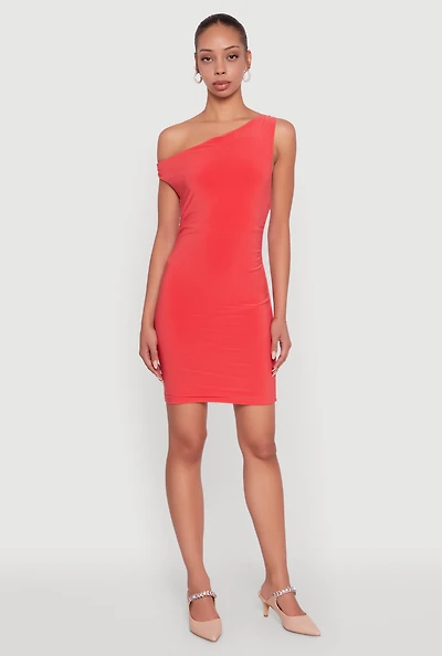 Womens Asymmetrical Shoulder Ruched Side Mini Dress, Orange, Size L