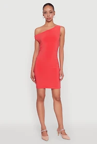 Womens Asymmetrical Shoulder Ruched Side Mini Dress, Orange, Size L