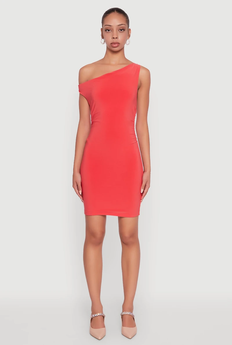 Womens Asymmetrical Shoulder Ruched Side Mini Dress, Orange, Size L