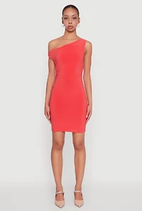 Womens Asymmetrical Shoulder Ruched Side Mini Dress, Orange, Size L