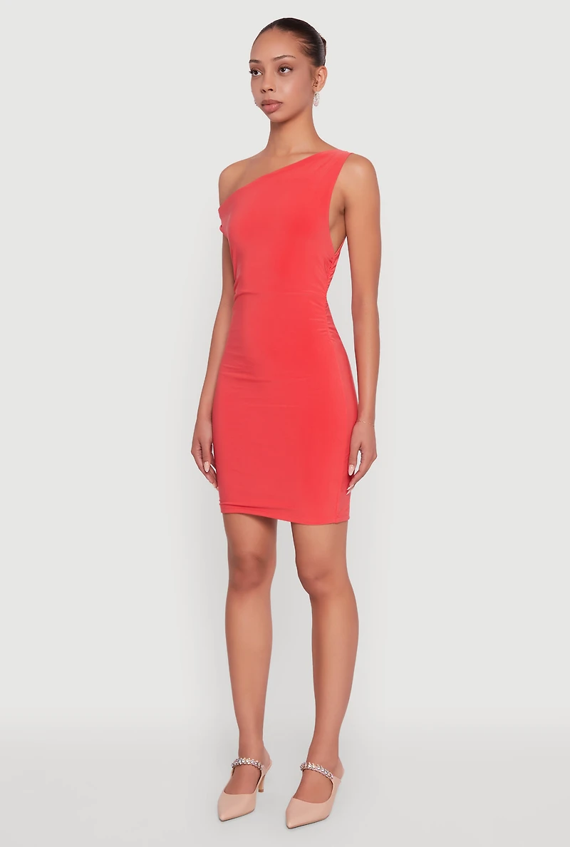 Womens Asymmetrical Shoulder Ruched Side Mini Dress, Orange, Size L