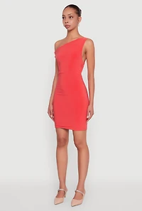 Womens Asymmetrical Shoulder Ruched Side Mini Dress, Orange, Size L