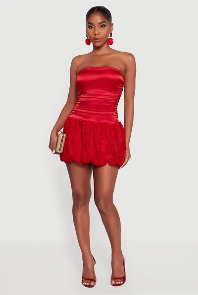 Womens Satin Strapless Lace Bubble Hem Cocktail Dress, Red, Size M