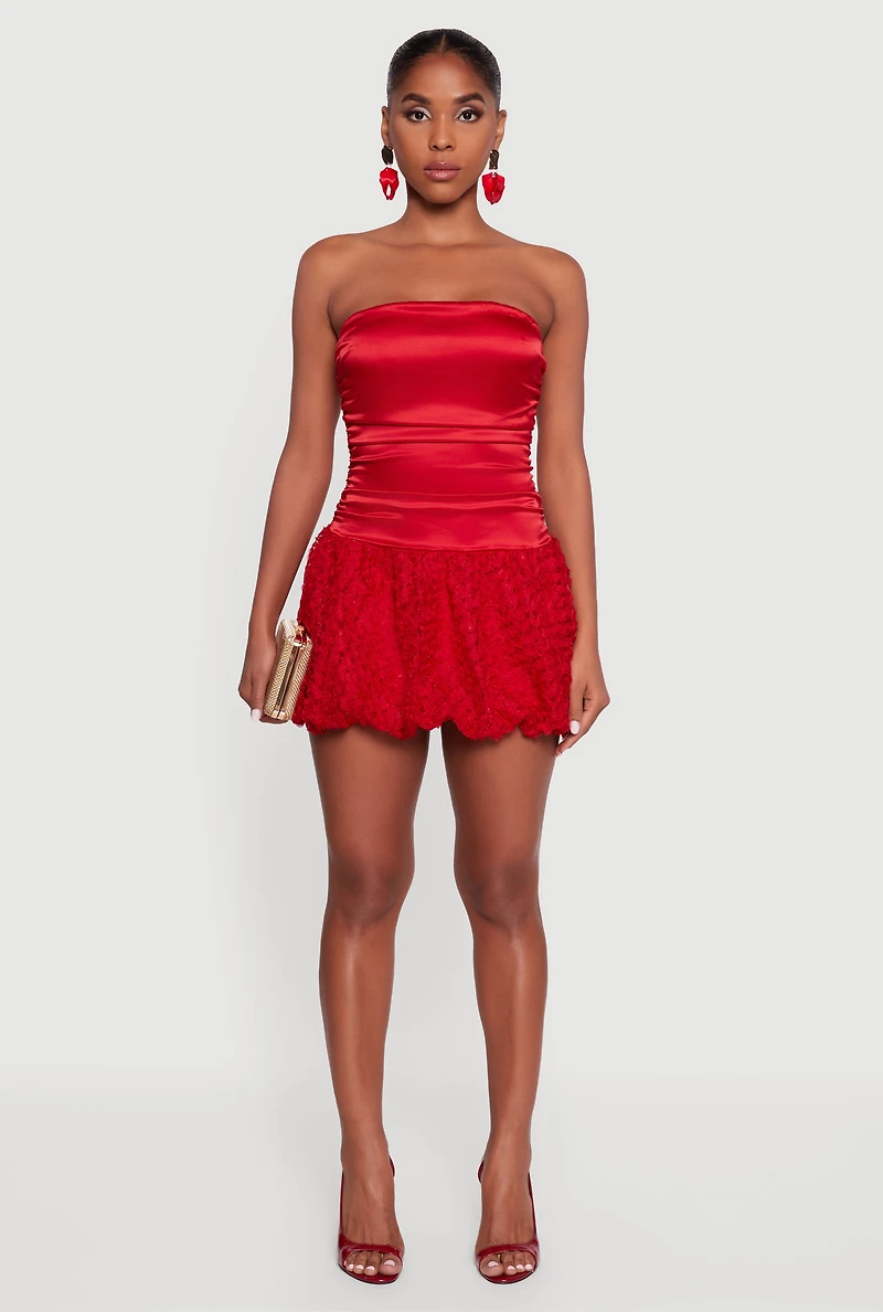 Womens Satin Strapless Lace Bubble Hem Cocktail Dress, Red, Size L