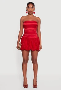 Womens Satin Strapless Lace Bubble Hem Cocktail Dress, Red, Size L