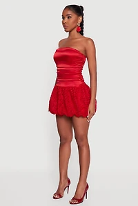 Womens Satin Strapless Lace Bubble Hem Cocktail Dress, Red, Size L