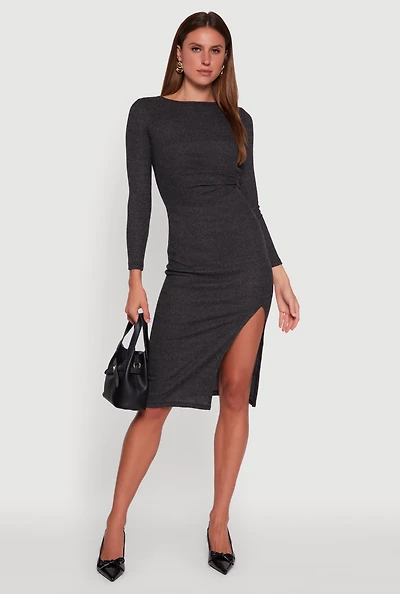 Womens Marled Boat Neck Ruched Side Slit Midi Dress, Grey, Size L