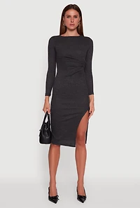 Marled Boat Neck Ruched Side Slit Midi Dress