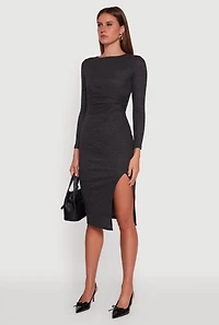 Marled Boat Neck Ruched Side Slit Midi Dress