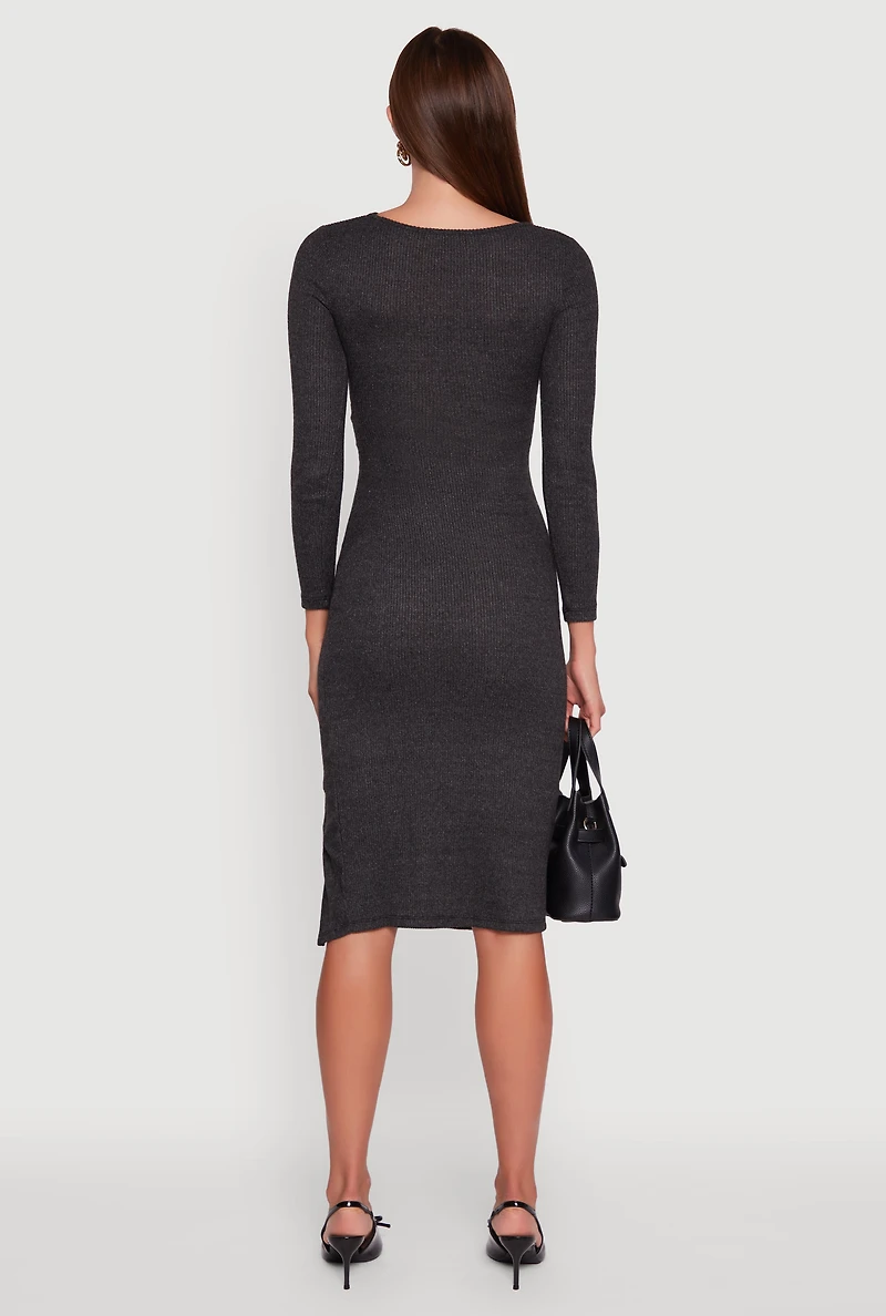 Marled Boat Neck Ruched Side Slit Midi Dress