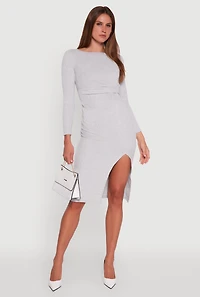Womens Marled Boat Neck Ruched Side Slit Midi Dress, Grey, Size L