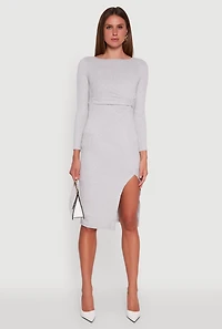 Womens Marled Boat Neck Ruched Side Slit Midi Dress, Grey,