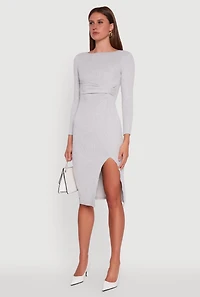 Womens Marled Boat Neck Ruched Side Slit Midi Dress, Grey,