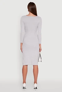 Womens Marled Boat Neck Ruched Side Slit Midi Dress, Grey, Size L