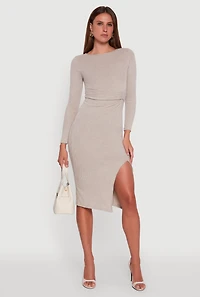 Womens Marled Boat Neck Ruched Side Slit Midi Dress, Beige, Size L