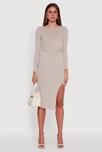 Womens Marled Boat Neck Ruched Side Slit Midi Dress, Beige, Size L