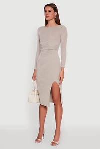 Womens Marled Boat Neck Ruched Side Slit Midi Dress, Beige, Size L