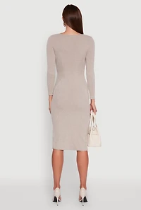 Womens Marled Boat Neck Ruched Side Slit Midi Dress, Beige, Size L