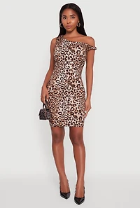 Womens Trendy Asymmetrical Shoulder Ruched Leopard Print Dress, Multi, Size S