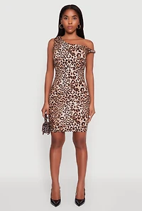 Womens Trendy Asymmetrical Shoulder Ruched Leopard Print Dress, Multi, Size S