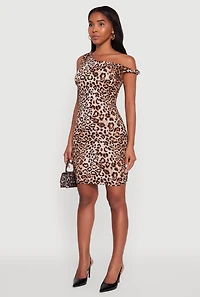Womens Trendy Asymmetrical Shoulder Ruched Leopard Print Dress, Brown, Size S