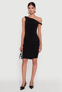 Womens Ruched One Shoulder Bodycon Mini Dress, Black, Size L