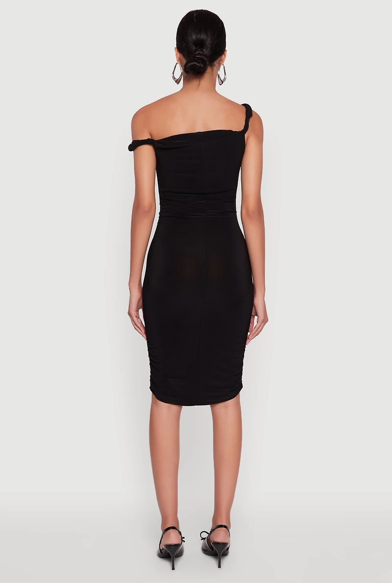 Womens Ruched One Shoulder Bodycon Mini Dress, Black, Size L