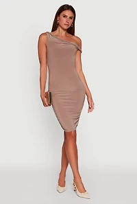 Womens Ruched One Shoulder Bodycon Mini Dress, Brown, Size L