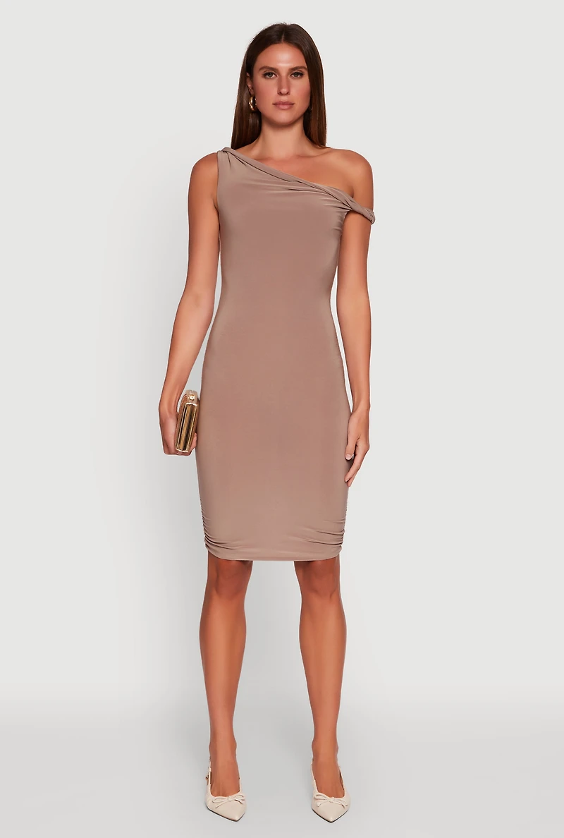 Womens Ruched One Shoulder Bodycon Mini Dress, Brown, Size L
