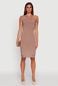 Womens Ruched One Shoulder Bodycon Mini Dress, Brown, Size L