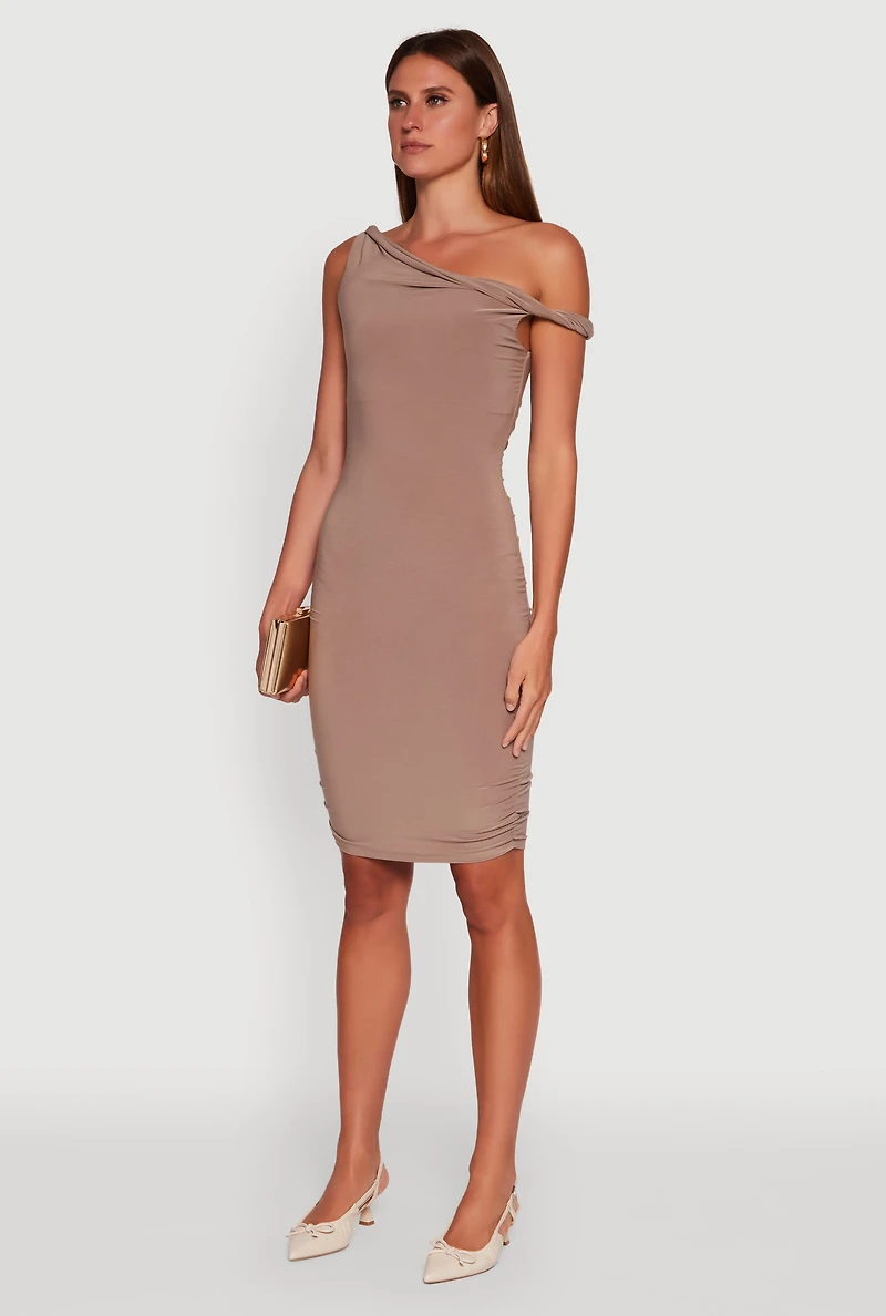 Womens Ruched One Shoulder Bodycon Mini Dress, Brown, Size L