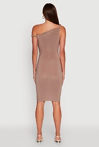 Womens Ruched One Shoulder Bodycon Mini Dress, Brown, Size L